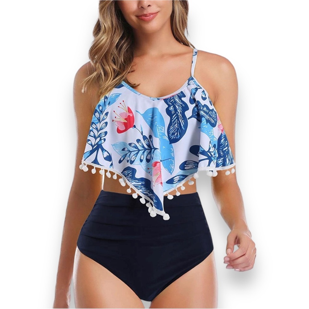 NEW White Tropical Flounce Bikini Crop Top Swimsuit Women’s Bathing Suit Size L